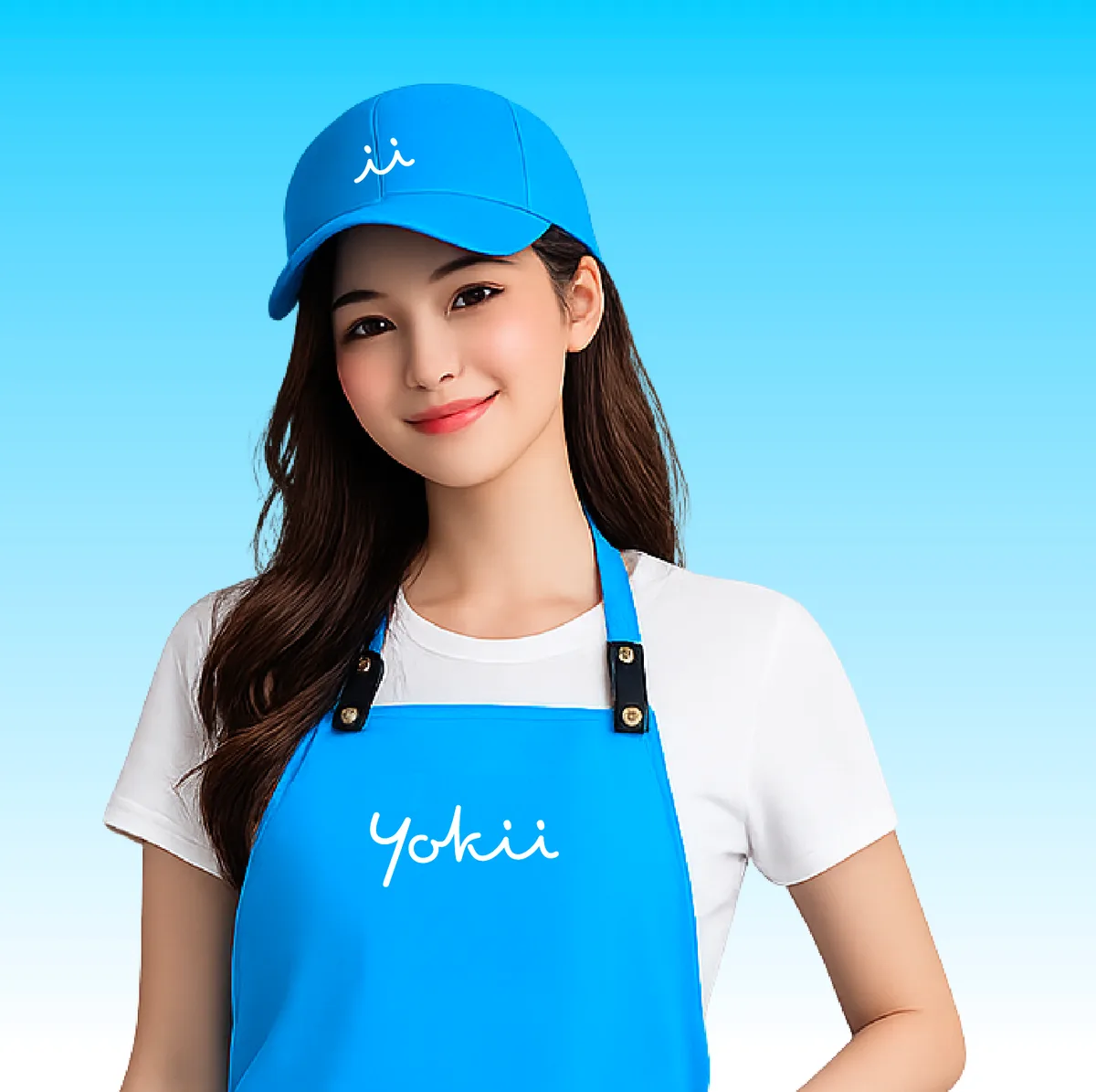 A YOKII team member in a blue apron and cap